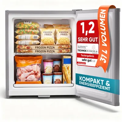 Produktbild von Stillstern Mini Gefrierschrank (31L) -18°C, Eiswürfelschale, Schloss, Türanschlag wechselbar, 4-Sterne Tiefkühlschrank für Camping/Büro Gefriertruhe Klein Gefrierschrank Klein Tiefkühltruhe Silber