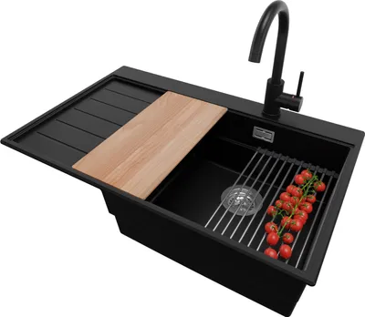 Produktbild von PRIMAGRAN Granitspüle Schwarz 78x50cm, Spülbecken 1 Becken + Küchenarmatur 32x20cm + Ablauf-Set + Küchenzubehörset, Küchenspüle ab 50er Unterschrank - Sydney