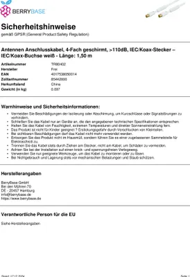 Produktbild von S/CONN maximum connectivity Antennenkabel mit Mantelstromfilter, vergoldete Kontakte, 4-Fach geschirmt- CE > 110 dB, 1,5m (80402)