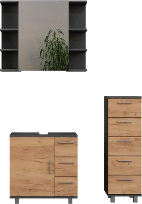 Produktbild von Badmöbel-Set Vicco Ilias Anthrazit/Goldkraft Eiche 3 Teile, mit Midischrank, Model 55502