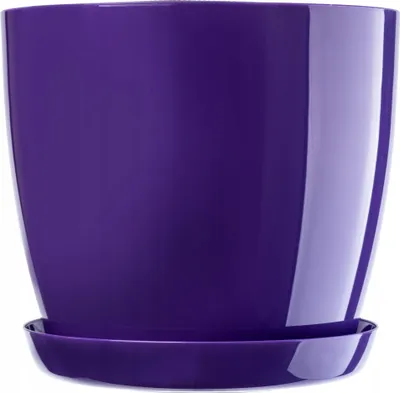 A close-up studio shot of a violet plastic plant pot with a matching saucer.