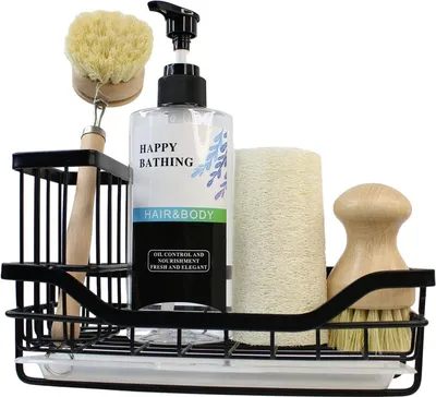 Image de Organiseur de lavabo en acier inoxydable avec égouttoir, panier de rangement pour ustensiles de cuisine et de salle de bain, noir, 22 cm, 10 cm, 7,5 cm, acier inoxydable