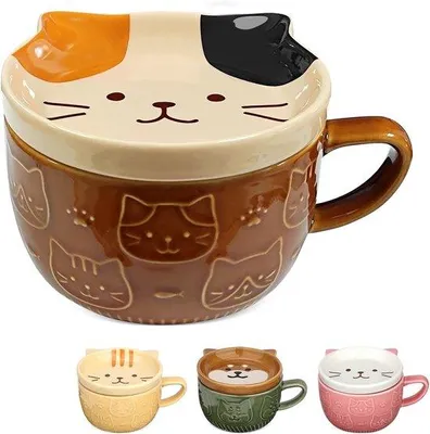 Productafbeelding van Ceramic Cat Mug with Lid - Funny Cat Coffee Mug for Cat Lovers - Gift for Women Friends Kids - Brown - 300ml