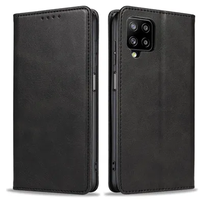 A black leather flip phone case for a Samsung Galaxy A12 is shown from two angles, front and back.