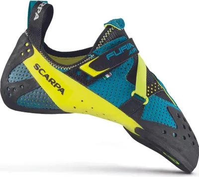 Furia Air Kletterschuhe von Scarpa in Blau und Gelb mit Klettverschluss und Belüftungslöchern.