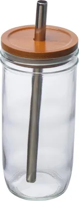 Produktbild von Trinkbecher aus Glas mit Bambusdeckel und Trinkhalm / Füllvermögen: 650ml