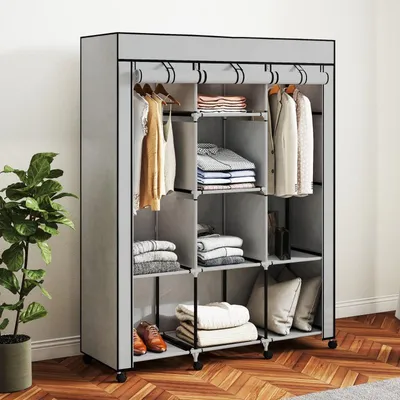 Zdjęcie produktu dla Szafa na ubrania z 2 drążkami i 8 półkami, 125 x 162,5 x 43 cm Składana szafa z tkaniny flisowej, pyłoszczelna szafa na ubrania, kolor szary