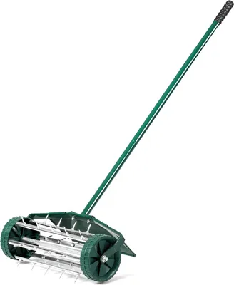 Obrázek produktu pro Válcový provzdušňovač trávníku, ruční vertikutátor s ochranou proti rozstřiku a 3cm hroty, provzdušňovač trávníku pro provzdušňování zahradní trávy, ruční válcový provzdušňovač s hroty, buben s hroty a gumovou rukojetí, 46x15x127cm, zelený