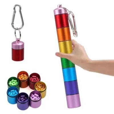Obrázek produktu pro Krabička na tablety na 7 dní, vyrobená z hliníku, vodotěsná, s 7 přihrádkami a karabinou