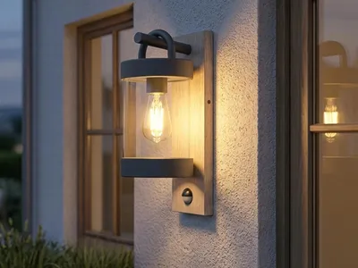 Produktbild von LED Außenwandleuchte mit Bewegungsmelder, Laterne in Holzoptik Anthrazit H: 33cm