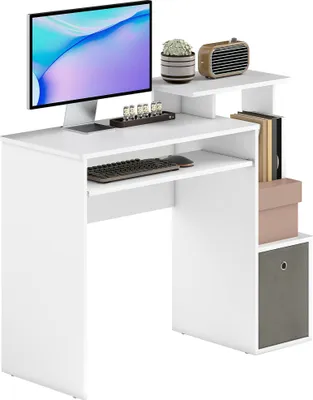 Image de HOMCOM Bureau Informatique multimédia étagères Tablette Clavier Panier Gris Panneaux Particules Blanc