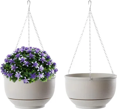 Immagine prodotto di 2PCS. Vasi di fiori appesi con vassoio rimovibile, cesto di fiori autoassorbente cesto di plastica appeso pianta all'aperto cesto appeso giardino interno decorazione, grigio, diametro 23cm