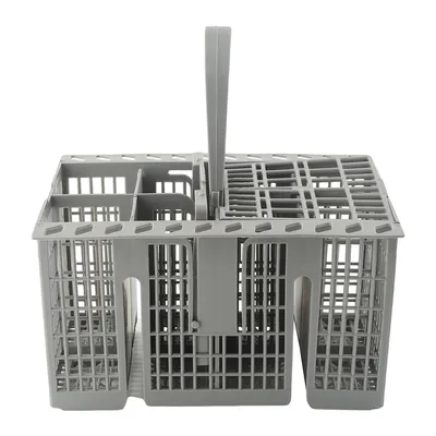 A gray plastic dishwasher cutlery basket with a handle.