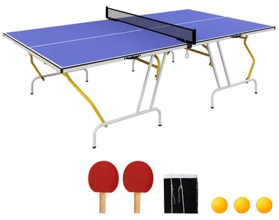 Zdjęcie produktu dla Składany stół do tenisa stołowego z siatką, składany na cztery części, blat z płyty MDF, kolor niebieski | 274 x 152,5 x 76 cm | w zestawie 2 rakietki, 3 piłeczki | stalowa rama
