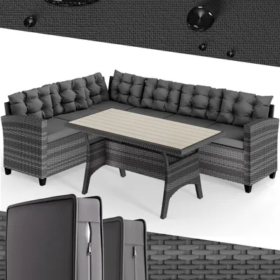 Produktbild von CASARIA® Polyrattan Ecklounge Set WPC Esstisch Ecksofa inkl. 7 cm Sitzauflagen 15 cm Kissen Wetterfest Outdoor Lounge Garten Terrasse Balkon Möbel Grau