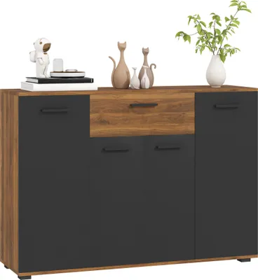 Image de HOMCOM Buffet salon meuble de rangement avec 4 placards, tiroirs et étagères réglables, dim. 120 x 35 x 85 cm, marron et noir