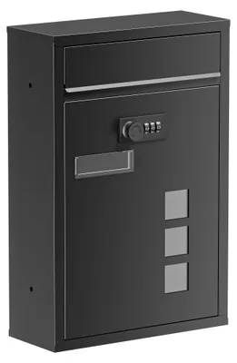 Produktbild von Wiltec Briefkasten schwarz 215x320x90mm Briefkasten mit Zahlenschloss, Namensschild und Sichtfenster Postkasten aus pulverbeschichtetem Stahl