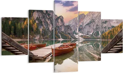 Produktbild von Bild auf Leinwand - Leinwandbild - 5 Teile - Boote Berge See - 125x70cm - Wand Bild - Wanddeko - Wandbilder - Leinwanddruck - Bilder - Wanddekoration - Leinwand bilder - Wandbild - EA125x70-4638