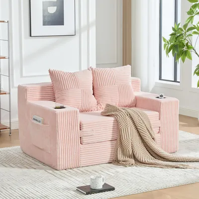 Obrázok produktu pre MODFU, dvojposadové sedačka, relaxačná sedačka s 2 vankúšmi, bočnými vreckami a držiakmi na poháre, moderná dvojposadová sedačka s úložným priestorom, sedačka do obývačky, ružová