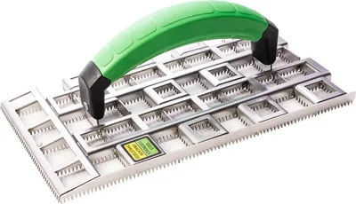 A tool for sanding or rasping, with a green handle and a metal base with square openings.