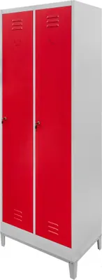 Zdjęcie produktu dla Szafka ubraniowa BHP socjalna metalowa Mega-M J-60 na podstawie z nóżkami dwudrzwiowa szara/ czerwony front 60x50x190 cm skręcana