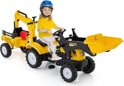 Produktbild von GOPLUS 3 in 1 Kinder Trettraktor mit 6 Rädern & Verstellbarer Grabschaufel & abnehmbarem Anhänger, Kindertraktor mit Hupe, für Kinder 3-6 Jahren bis zu 35 kg belastbar (Gelb)