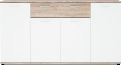 Produktbild von Kommode - mit 4 Tür - mit Schublade - Weiß / Sonoma - 160 x 85 x 35 cm B/H/T - Moderne Sideboard - für Wohnzimmer - Schlafzimmer - Jacky III