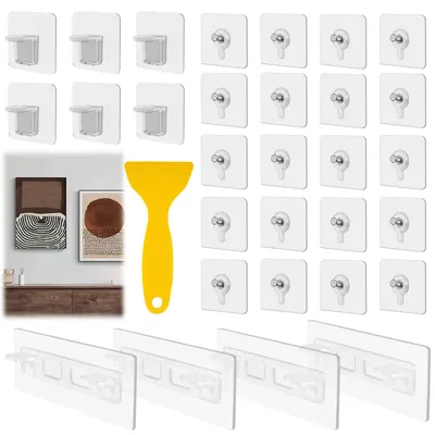 Produktbild von Selbstklebende Aufhängehaken für Gemälde, 30 Stück, transparente selbstklebende Haken zum Aufhängen von Gemälden, selbstklebende Nägel für Wände ohne Bohren, selbstklebende Nägel für Bilderrahmen, selbstklebende Schrauben für Gemälde, Poster, Fotos und Dekorationsbilder