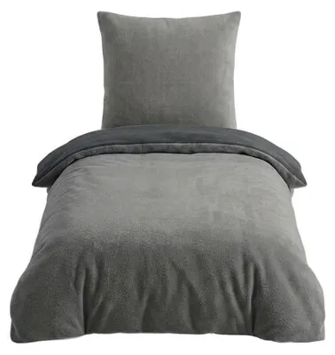 Produktbild von Microfaser Fleece Bettwäsche mit verdecktem Reißverschluss - einfarbig & wendbar Grau-Anthrazit 135 x 200 cm + 80 x 80 cm