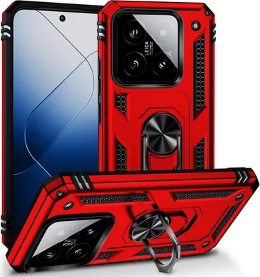 A red phone case with a ring holder is displayed from multiple angles against a white background.