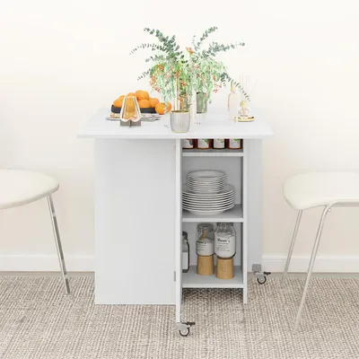 Obrázok produktu pre Jedálenský stôl s úložným priestorom a kolieskami Rozkladací jedálenský stôl Kuchynský stôl pre 2-4 osoby 114,5 x 70 x 75 cm Biely