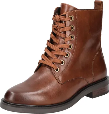 A single brown leather boot is shown against a white background.