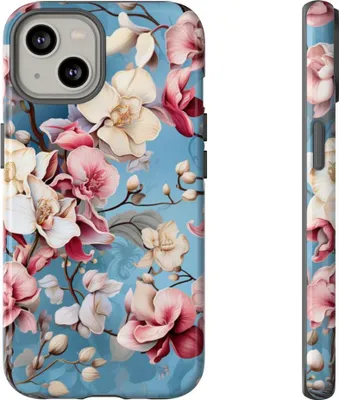Produktbild von Orchideen-Blumenmuster auf blauem Hintergrund – Hülle Kompatibel mit iPhone 14