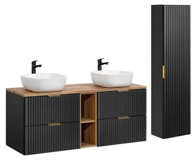Produktbild von Doppelwaschtisch und Hängesäule 140.8cm Adriel mit 4 Schubladen, Schwarz und Holzoptik