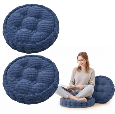 Produktbild von Set von 2 Runden Stuhlkissen 40 x 40 cm - Dicke Sitzpolster für Innen und Außen (blau)