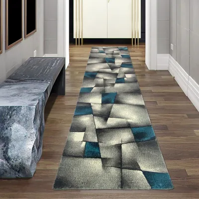 Produktbild von Designer Teppich Moderner Teppich Wohnzimmer Teppich Kurzflor Teppich mit Konturenschnitt Karo Muster Türkis Grau Weiß Schwarz Größe - 80 x 300 cm