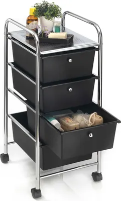 Produktbild von Badregal Rollwagen Rollcontainer GINA, mit 4 schwarzen Schubladen und Metallgestell in chrom