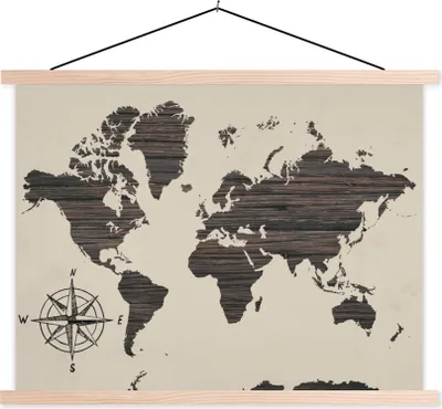 Produktbild von MuchoWow® Textilposter Weltkarte - Holz - Vintage 150x113 cm mit holzfarbenen Rahmen - Poster
