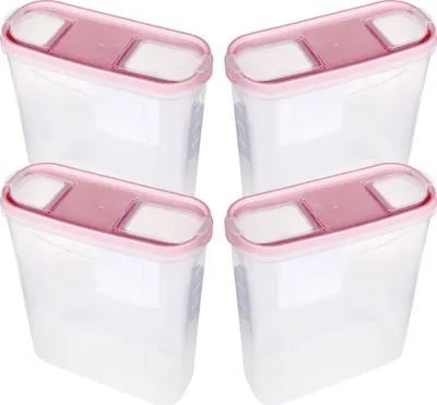 Four clear plastic food storage containers with pink lids are arranged in a two-by-two grid against a white background.