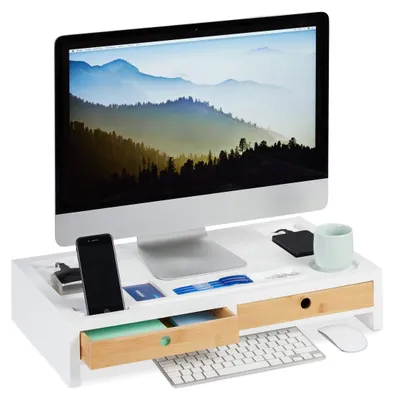 Monitorständer mit 2 Schubladen, Bambus, Weiß, 11x58,5x32,5 cm