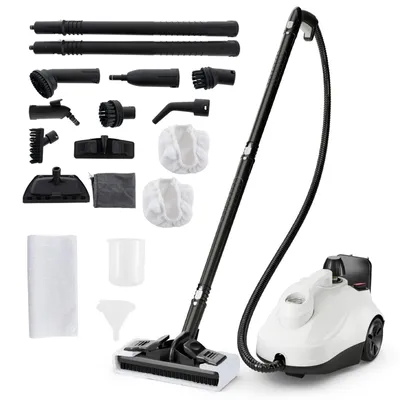 A steam cleaner and its various attachments are displayed on a white background.