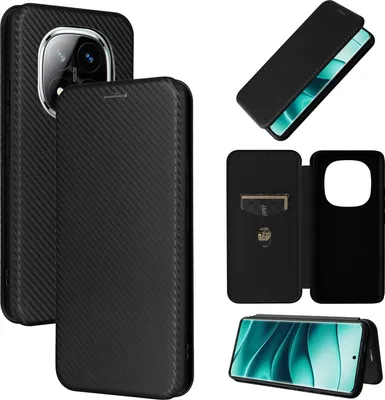 Image de Coque de protection pour Xiaomi Redmi Note 14 Pro 4G, design à rabat, fibre de carbone, noir