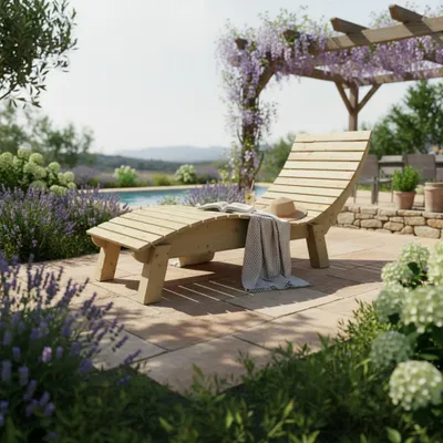 Produktbild von Holzliege Wellenliege Gartenliege Relaxliege "Liege-Franzi" (Fichte) Breite 70cm Einstiegshöhe 40cm mit Füßen