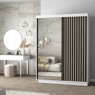 Produktbild von Schwebetürenschrank Kleiderschrank Schrank 150cm Weiß/Schwarz mit Spiegel und Lamellen LAMI C