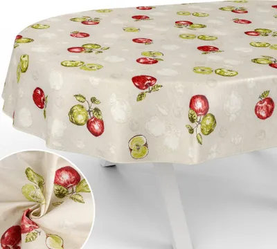 Produktbild von Tischdecke Apfel mit Tee und Kaffee aus Textil Tischtuch mit Beschichtung Tischwäsche Naturel Beige Oval Breite 140cm Länge 180cm mit Paspelband
