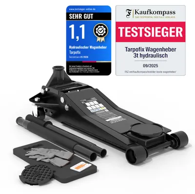 Zdjęcie produktu dla Podnośnik hydrauliczny Tarpofix 3T - płaski podnośnik manewrowy do samochodów osobowych i SUV, wysokość podnoszenia 85 - 475 mm, z gumową podkładką i rękawicami