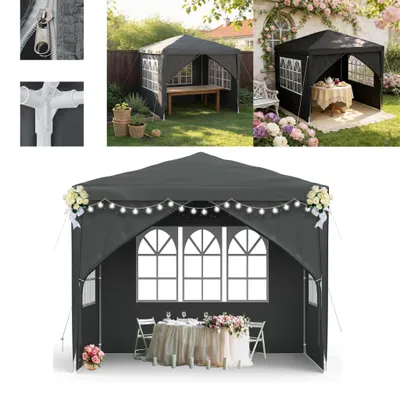 A collage of images showing a dark gray pop-up gazebo, including close-ups of its construction and decorative setups.