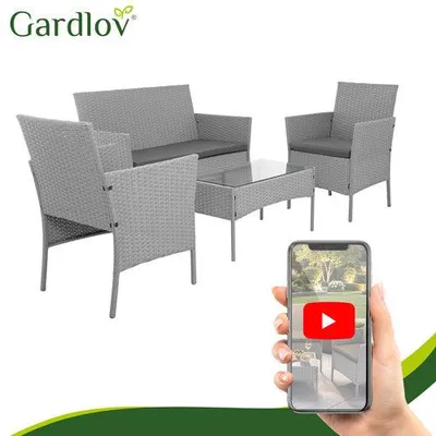 Immagine prodotto di Set di mobili da giardino in rattan grigio: 2 sedie, divano, tavolo.