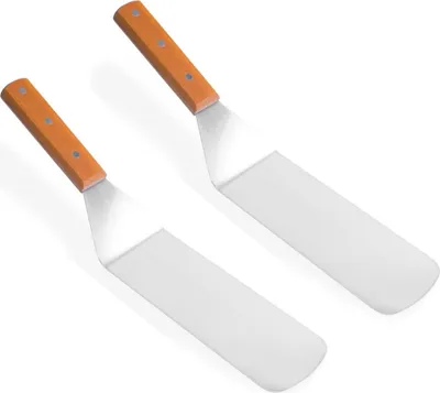 Produktbild von 2er Set Pfannenwender groß aus Edelstahl | Fleischwender mit Holzgriff | Bratenheber - Pfannenschaufel| Bratenwender Grillwender | Grillspachtel | BBQ Grillspachtel | Küchenschaber Burger Grillwender