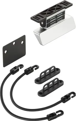 A collection of hardware components, including a foot pedal mechanism, a mounting plate, and bungee cords with hooks.
